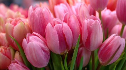 Fototapeta premium A vibrant display of pink tulips fills the frame at a flower market. These flowers show different shades of pink and are surrounded by green stems capturing the essence of spring.
