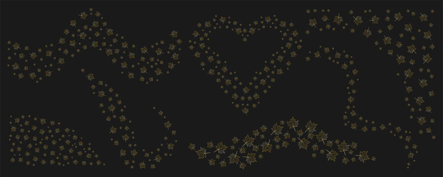 Set of golden autumn maple leaves forming heart and wave patterns on dark background. Cozy, elegant fall design for seasonal greeting card, invitation, poster or print - Powered by Adobe