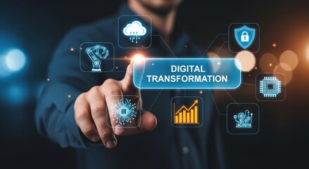Man touching digital transformation virtual interface with technology icons. Represents business innovation and digital strategy modernization.