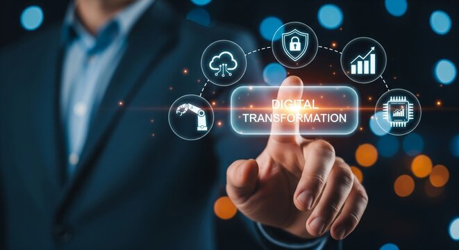 Man touching digital transformation virtual interface with technology icons. Represents business innovation and digital strategy modernization. - Powered by Adobe