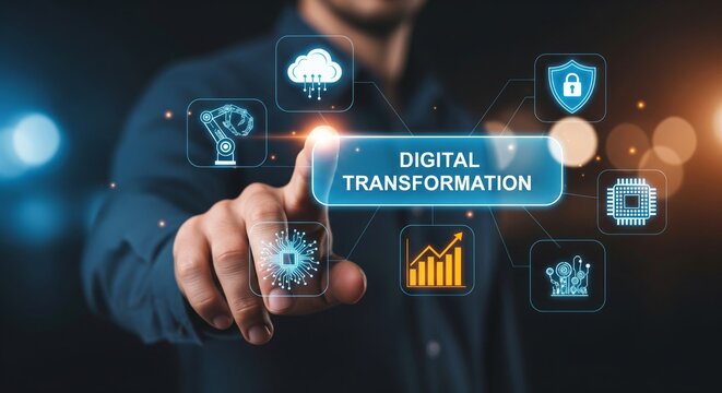 Man touching digital transformation virtual interface with technology icons. Represents business innovation and digital strategy modernization. - Powered by Adobe