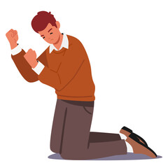 Expressive man cartoon character standing on knees with clenched fist intensely playing role