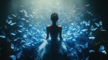 Fototapeta premium A woman in a flowing dress is surrounded by a mesmerizing field of glowing blue butterflies, evoking a peaceful and magical atmosphere. Ethereal, serene, and dreamlike.