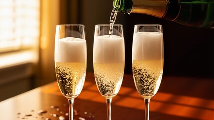 Pouring champagne from a bottle into three elegant flutes. Bubbly sparkling wine for a celebration or special occasion. Luxury toast concept with warm golden light.