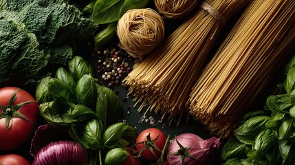 A vibrant display of culinary inspiration: pasta, tomatoes, onions, basil, and spices arranged artistically, evoking the essence of Italian cuisine. Fresh & flavorful!