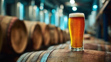A glass of refreshing amber beer stands proudly atop a rustic wooden barrel, capturing the essence of brewery craftsmanship and convivial moments. Pure beer goodness!
