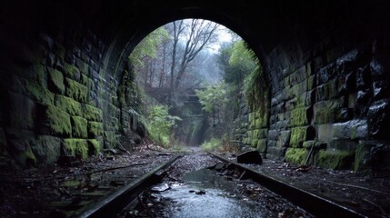 Naklejka premium A moss covered tunnel sits surrounded by trees. Wet train tracks lead into the dark opening. Fog and rain create a damp environment. Nature surrounds the entrance.