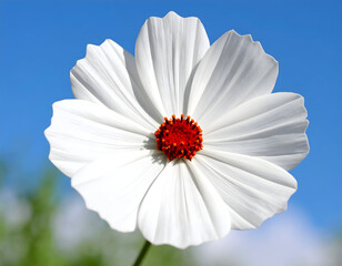 Elegant white cosmos flower bloom against bright blue sky in summer