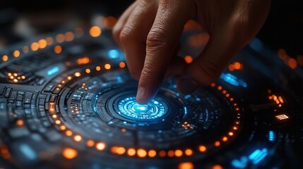 A hand delicately hovers over a futuristic interface emitting vibrant blue and orange light.  Suggests technology, innovation, and digital interaction.