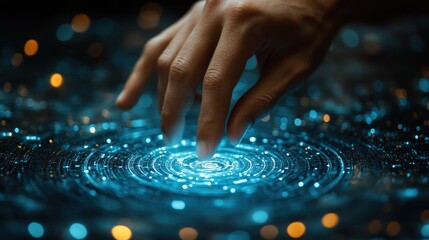A hand approaches a glowing digital interface, representing human connection and interaction with technology. Symbolizes innovation, digital connection, and the future of technology.