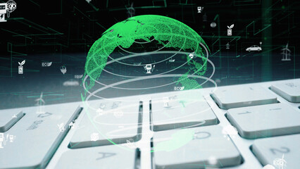This image showcases a green globe with energy-related icons overlaid on a keyboard, symbolizing the intersection of technology and sustainability in the digital age. Xenic