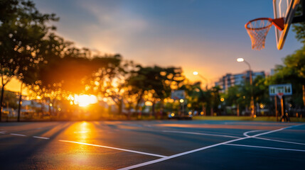 Sunset basketball court, warm light clean, lines outdoor sports, atmosphere calm evening, mood geometric layout, peaceful minimal scenery, emotional warmth display, defocused court