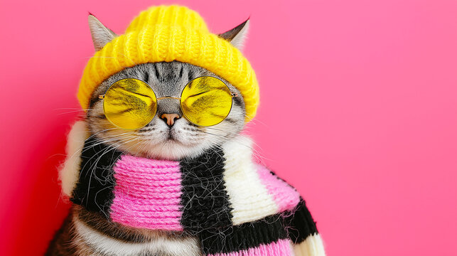 Cool Cat in Yellow Hat and Sunglasses with Colorful Scarf on Pink Background