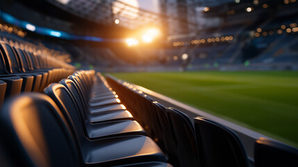 Empty soccer stadium, evening sunlight showcasing, green field surrounding, empty seats display, athletic venue preparation, match anticipation atmosphere, sports facility architec
