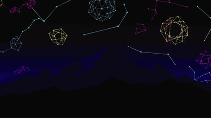 Abstract geometric constellations and polyhedra float in a dark cosmic expanse above silhouetted mountains. © Wiwa