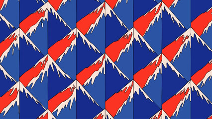 Stylized mountain peaks with snow caps create a repeating geometric pattern in vibrant blue and red colors.
