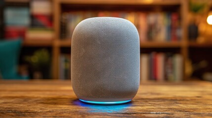 A smart speaker stands on a wooden desk in front of a blurred bookshelf, its base glowing with a soft blue light, creating a modern and inviting scene. Wireless device ready for action.