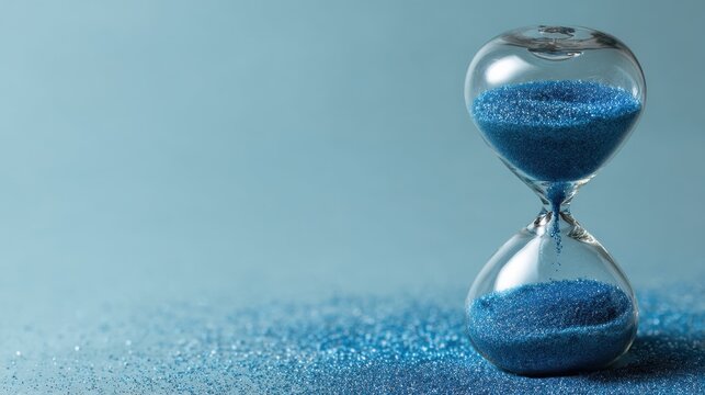 An hourglass stands upright filled with blue sand. As time passes the blue sand falls into the bottom section. Blue sand spills slightly around the base on a flat surface.