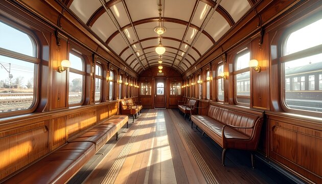 Elegant vintage train car interior with wooden panels and leather seats