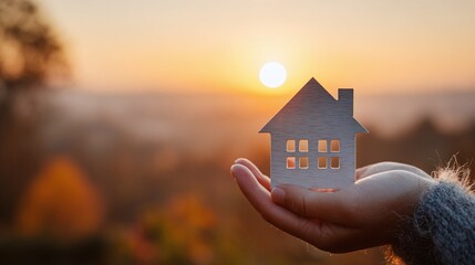 Wooden house in hand at sunrise, symbolizing home ownership, dreams, and investments in real estate. Cozy, peaceful, and hopeful atmosphere. New beginnings await.