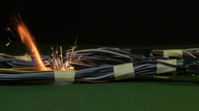 A bundle of wires lies on the surface, and a bright short circuit with sparks occurs.