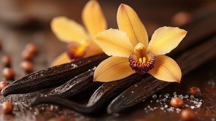 Close-up of two bright yellow flowers with purple centers, contrasting with dark brown stalks and surrounded by orange spheres and white specks.  A vibrant and detailed floral scene.
