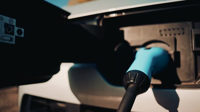 Close up shot of an electric vehicle charging port with cable connected