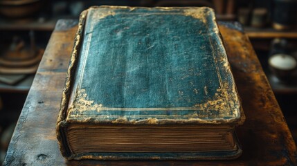 A close-up shot of an aged blue book featuring golden edges, resting on a rustic wooden surface. The image evokes a sense of history, luxury, and nostalgia.
