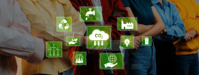 A diverse group of individuals stands together at an event focused on environmental sustainability, surrounded by icons that symbolize eco-friendly practices and climate action. Trope