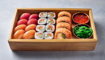 wooden bento box filled with assorted sushi rolls including salmon avocado and ikura