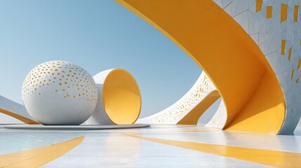 Modern architectural scene with spheres and curved forms