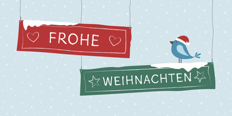 Frohe Weihnachten - Schriftzug in deutscher Sprache. Gru&szlig;karte mit h&auml;ngenden beschrifteten Schildern und einem Vogel mit Weihnachtsm&uuml;tze vor einem Schneehimmel.