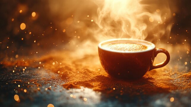 A close-up shot of a steaming cup of hot coffee resting on a textured surface. The image captures the warmth and inviting aroma of the beverage. - Powered by Adobe