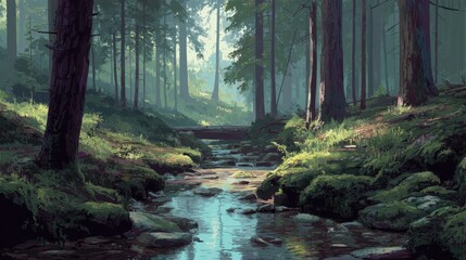 A stream winds through a forest floor with mossy rocks and lush greenery. Tall trees rise on either side creating gentle shadows as sunlight shines through the branches.