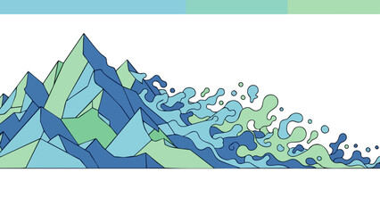Abstract representation of water flowing down a stylized geometric mountain range in cool blue and green tones. © Wiwa