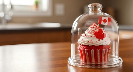 A festive Canada Day cupcake with a Canadian flag and maple leaf decoration. Patriotic red and white dessert under a glass cloche with copy space