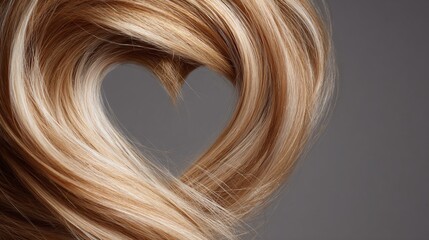Fototapeta premium A close-up of flowing golden blonde hair styled into a heart shape against a neutral gray backdrop, symbolizing love, beauty, and the art of hairstyling with an appealing aesthetic.