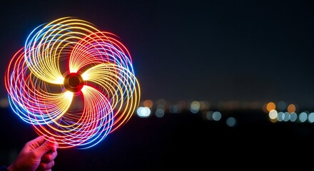 A hand holding a spinning LED toy creating colorful light trails with long exposure. Abstract glowing pattern against a dark night city with bokeh background