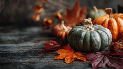 Various pumpkins in shades of orange and green are placed on a wooden surface with dry autumn leaves scattered around. This scene represents the fall season and harvest time.