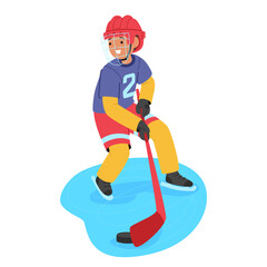 Fototapeta premium Schoolchild hockey player cartoon character playing match enjoying winter sports hobby recreation