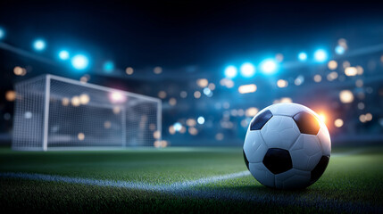 Soccer ball field, goal stadium lights, background sports equipment, game preparation display, athletic venue atmosphere, match anticipation concept, defocused stadium background, 