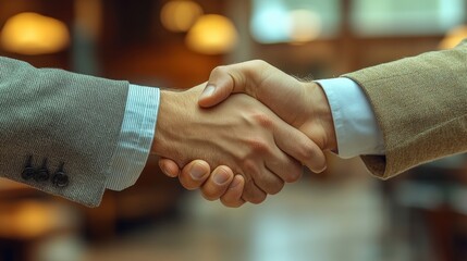 Two business executives shake hands in a modern office setting, symbolizing trust and partnership. Professional and collaborative atmosphere.