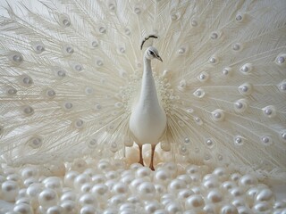 A majestic white peacock with its magnificent plume spreads across a bed of lustrous pearls. Symbolizing elegance and purity, this image embodies Cloud Dancer, the 2026 color of the year