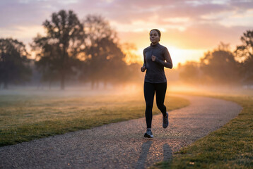 Woman running on a path in a misty park at sunrise