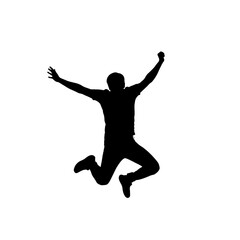 Fototapeta premium Dynamic black silhouette of a joyful person jumping high with arms outstretched in celebration, conveying success, freedom, and excitement, isolated on transparent background.