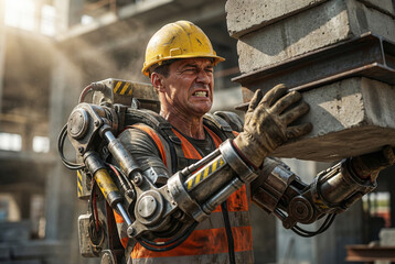 Construction worker in robotic exoskeleton lifting heavy steel beams, future of industrial labor concept