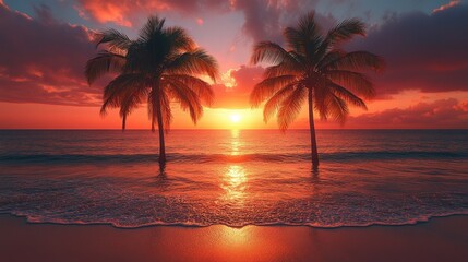 A stunning tropical sunset featuring palm trees silhouetted against a vibrant sky, reflected in the calm, shimmering sea. Evokes feelings of relaxation and paradise.