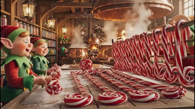 Candy canes come to life in a joyful workshop filled with sweet delights and playful elves making holiday magic