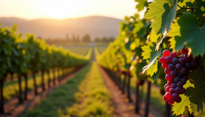 Fototapeta premium Vineyard Rows and Ripe Grapes Illuminated by Warm Sunset Light
