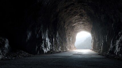 Naklejka premium A tunnel appears carved through a mountain. Light streams in from the entrance illuminating the dark rocky walls. The road is empty and stretches into shadow.